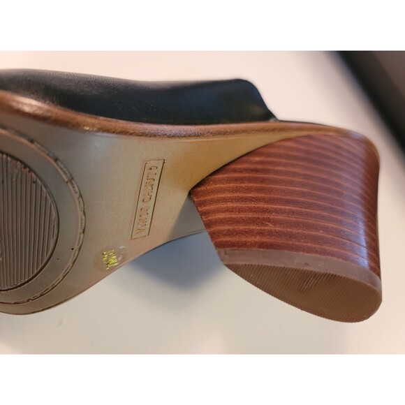 Vince Camuto Black Leather Platform Slide Wedge Wood Heel Sandals, Sz 7 Dormina - Picture 15 of 15